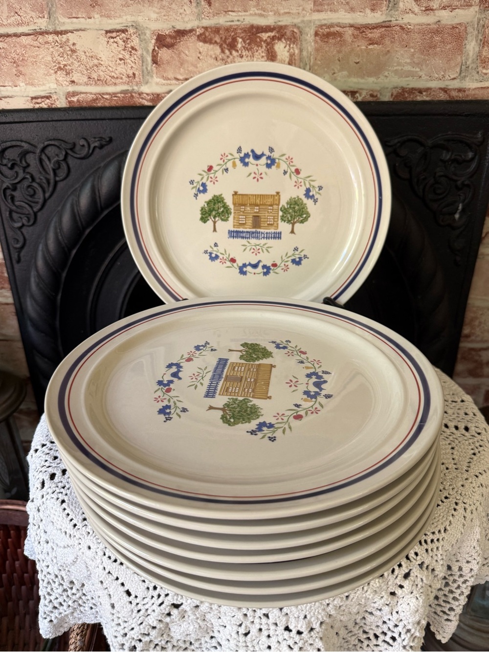 Set of 8 Vtg Newcor Homespun Stoneware 10.5” Dinner Plates Country Cottage